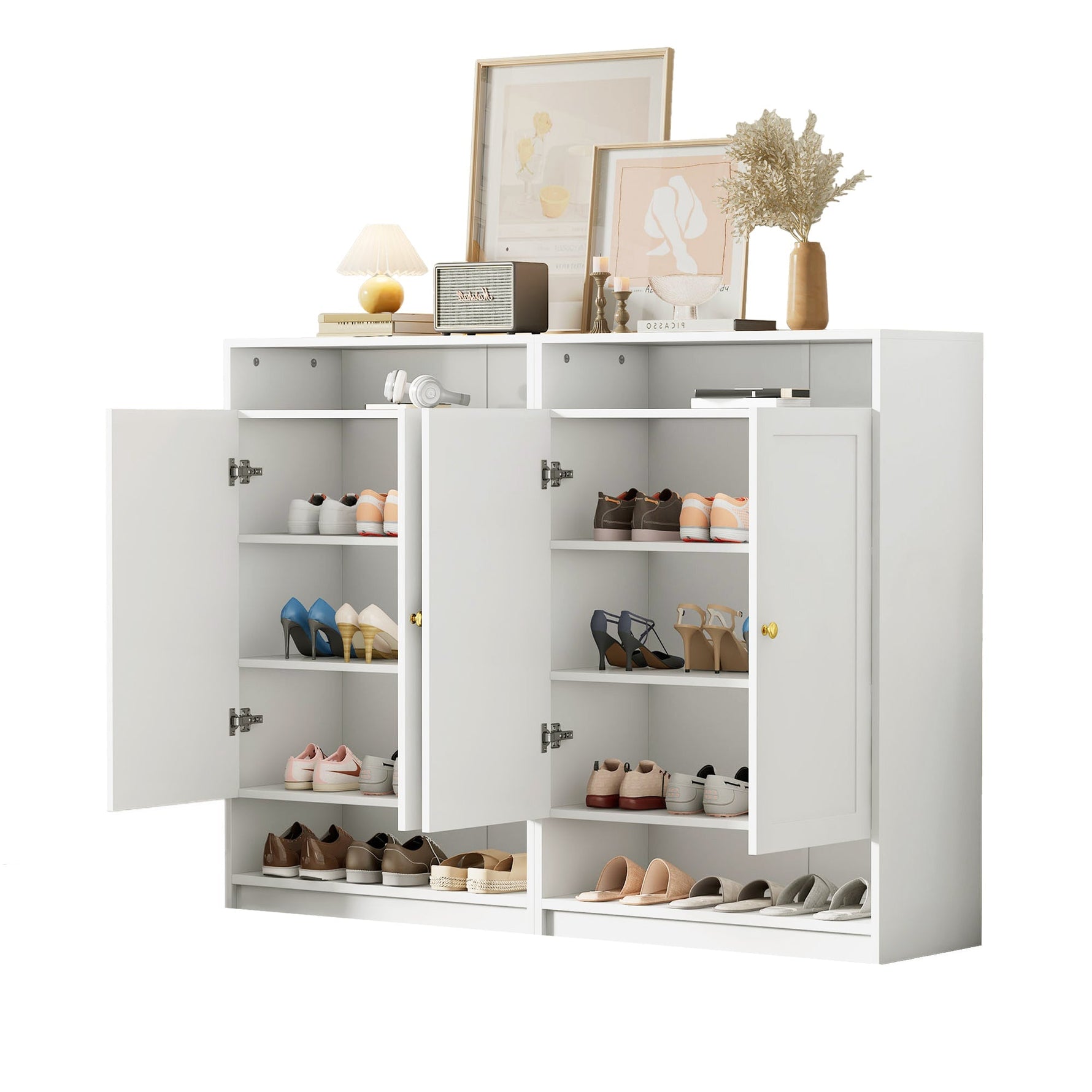 Modern Shoe Cabinet with Adjustable Shelves, Golden Handles, White