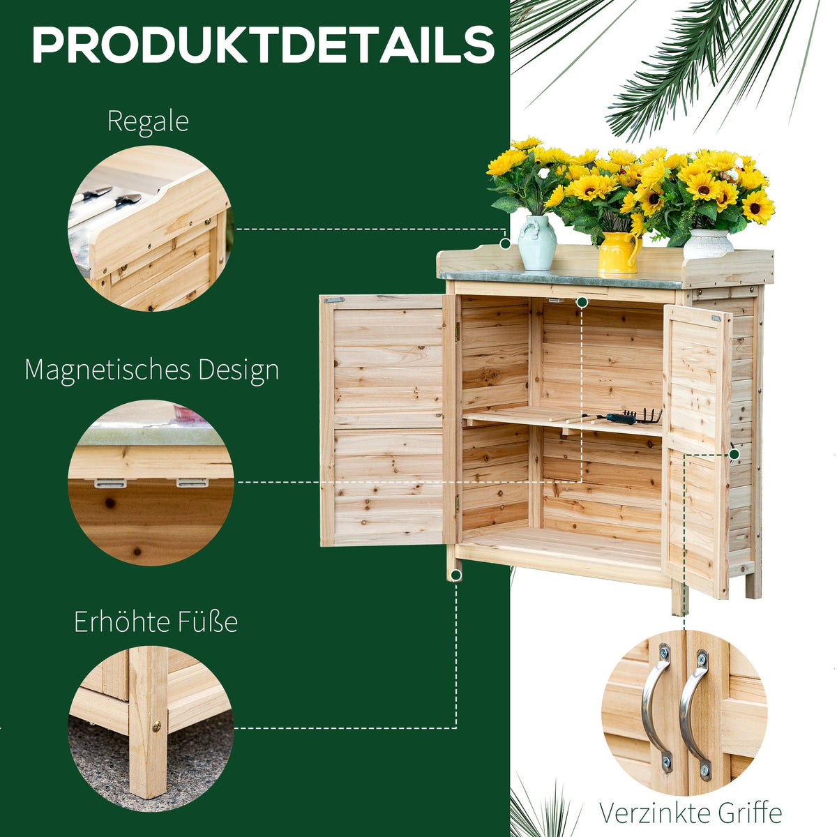 Garden Cabinet Potting Table Tool Shed 2 Shelves, Natural Wood