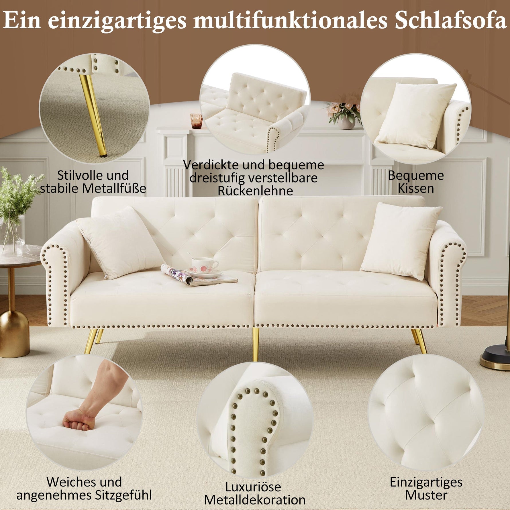 2-Seater Sofa Bed 3-Position Adjustable Back Gold Legs - Velvet