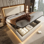 Double Upholstered Bed 140x200 with LED & Storage, Beige Linen