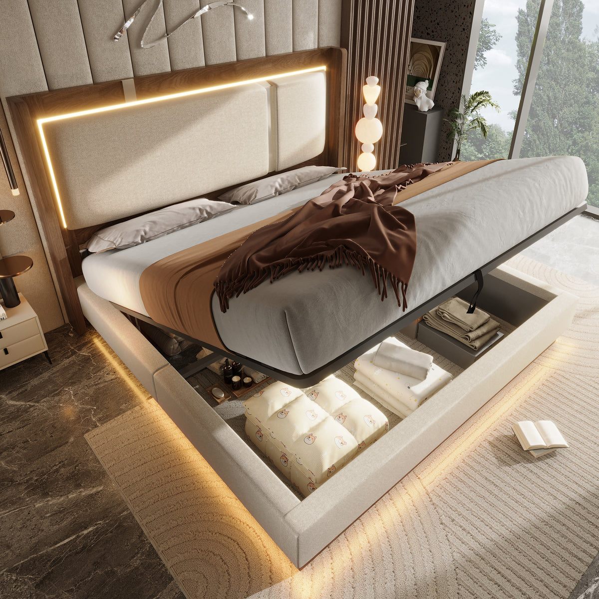 Double Upholstered Bed 140x200 with LED & Storage, Beige Linen