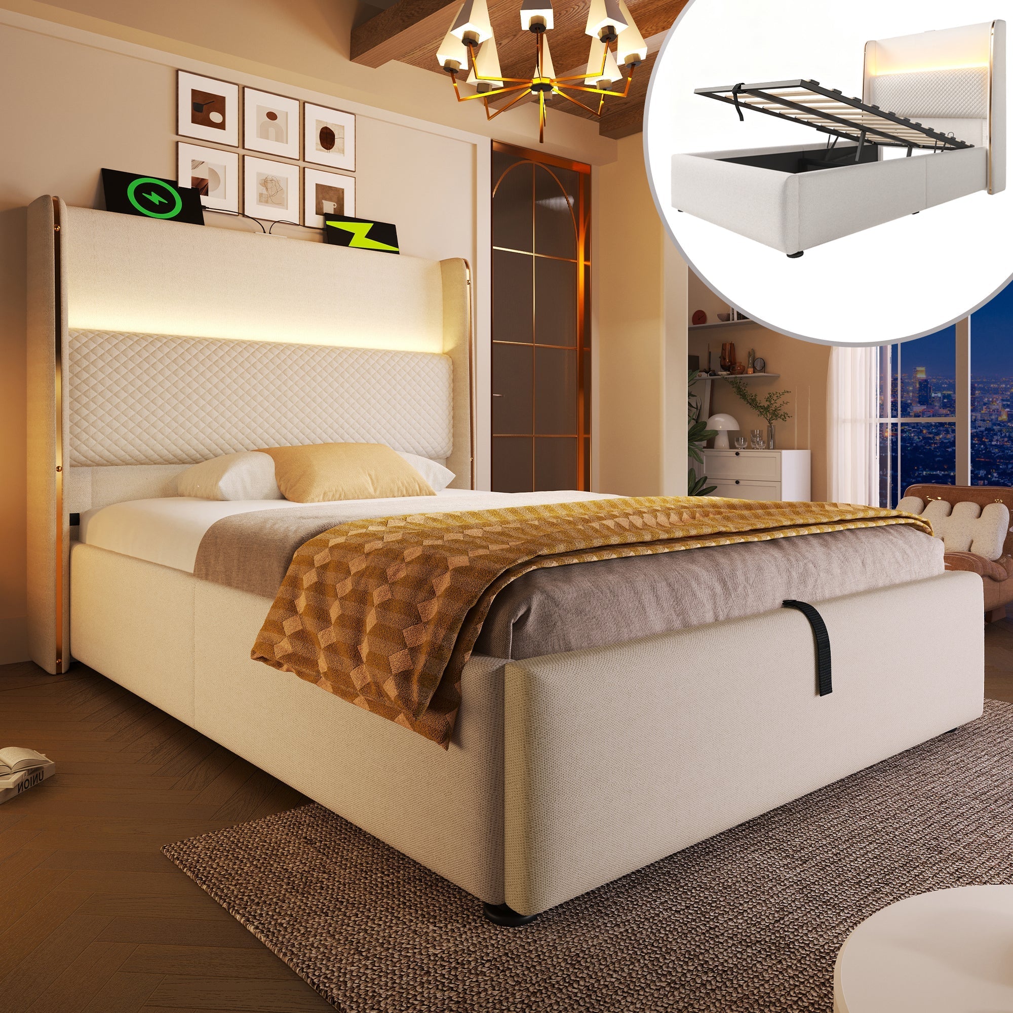 Hydraulic Bed, 90x200cm Single LED Storage USB/Type-C, Linen Look Beige