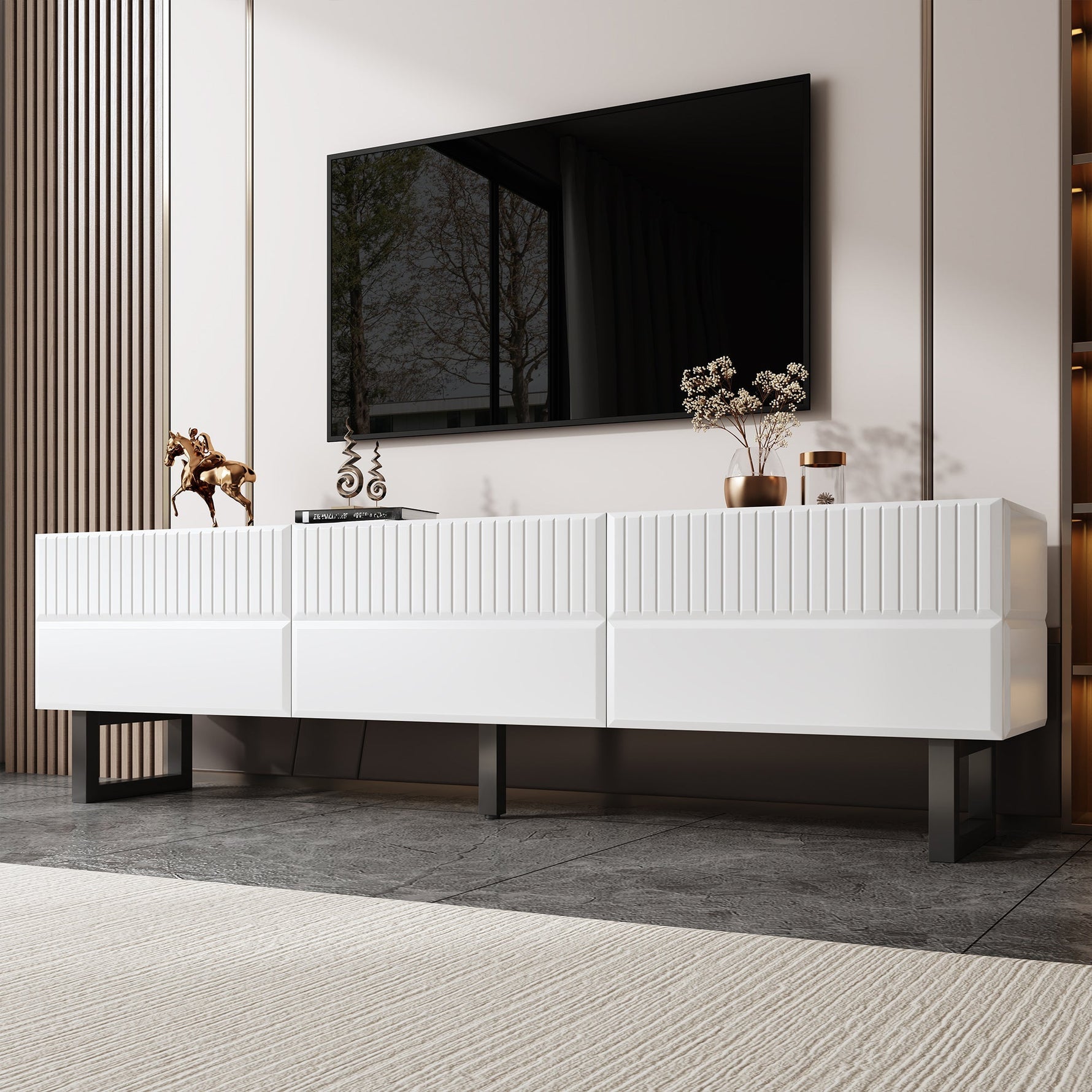 TV Stand Low Unit with Three Drawers 170cm Black and White