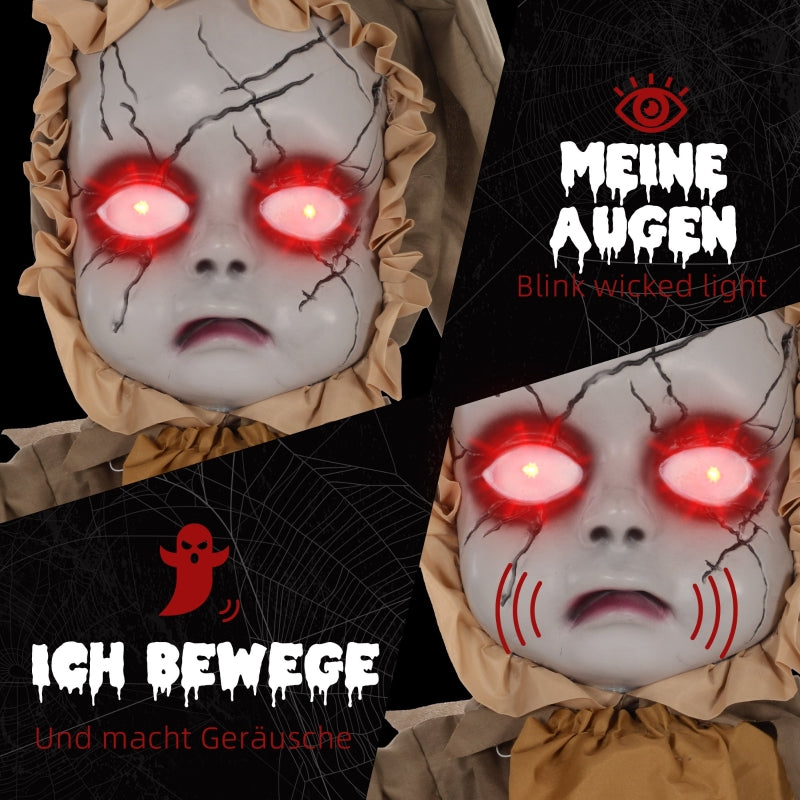 Scary Doll Halloween Decoration, Movable Head, Red Eyes, Battery Operated