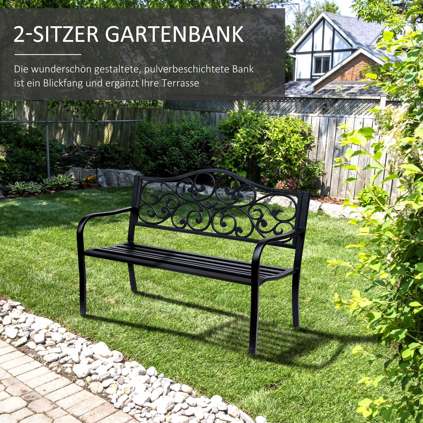Garden Bench 3-Seater Steel with Cast Iron Armrests, Black