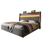 Hydraulic Double Bed 140x200cm, High Headboard LED Storage USB, Linen Look Grey