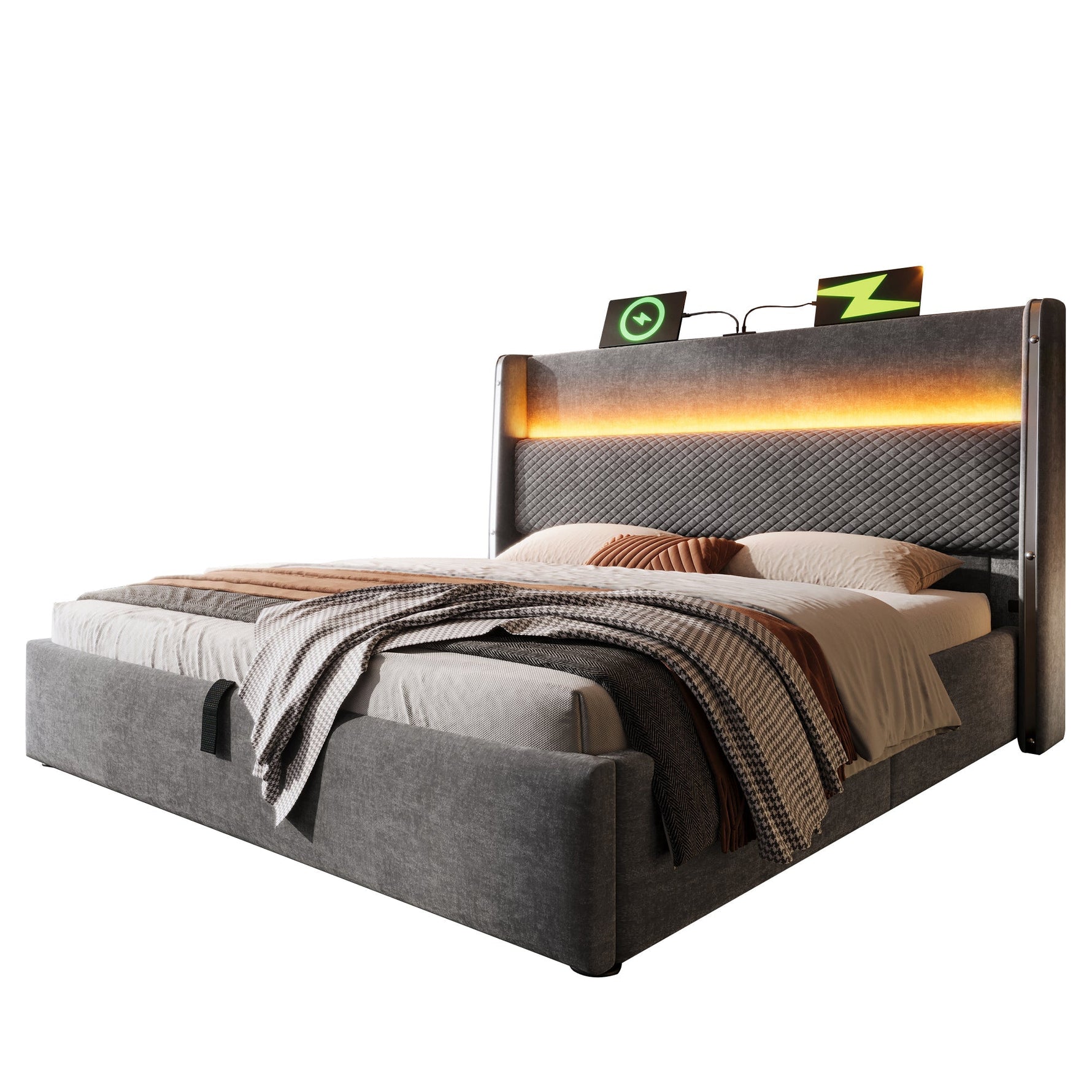 Hydraulic Double Bed 140x200cm, High Headboard LED Storage USB, Linen Look Grey