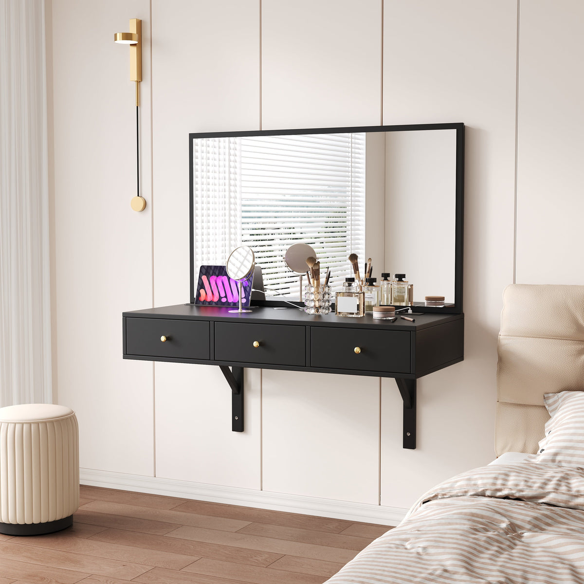 Wall-Mounted Vanity Table with Mirror, 3 Drawers, Power Outlets, Tablet/Card Slot, Drink Holder, Black