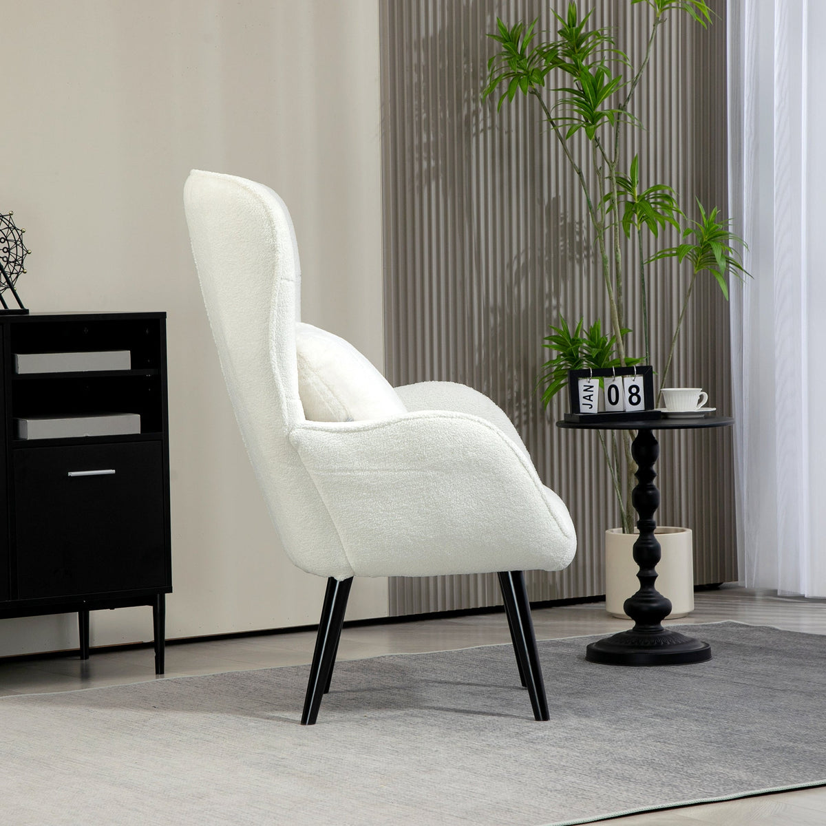 Armchair Lounge Chair, Padded Teddy with Lumbar Cushion, Wooden Legs, White