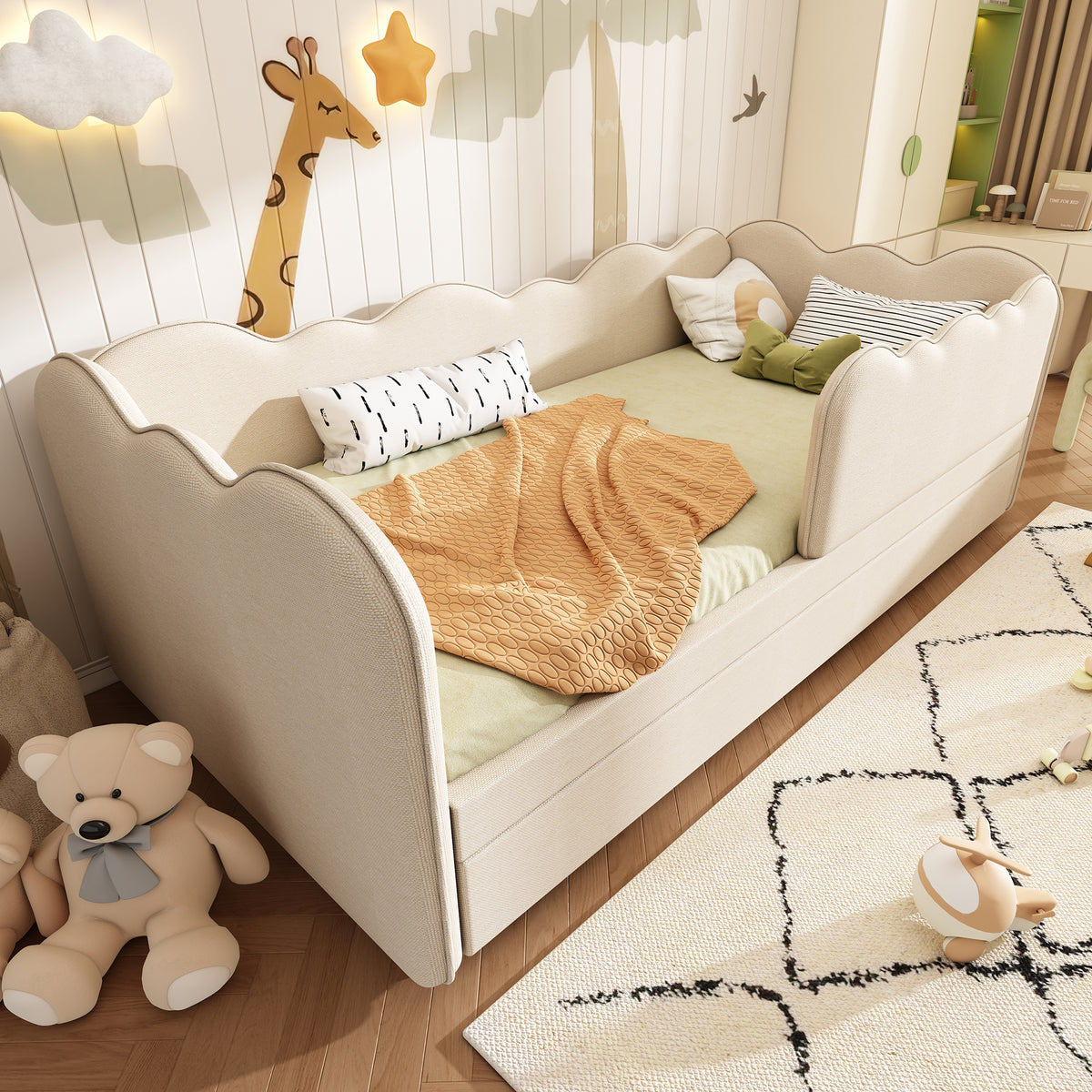 Upholstered Single Bed 90x200cm with LED & Storage, Beige Velvet