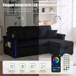 Velvet Sofa with LED & USB-C, Storage Footrest, Cup Holders, Black