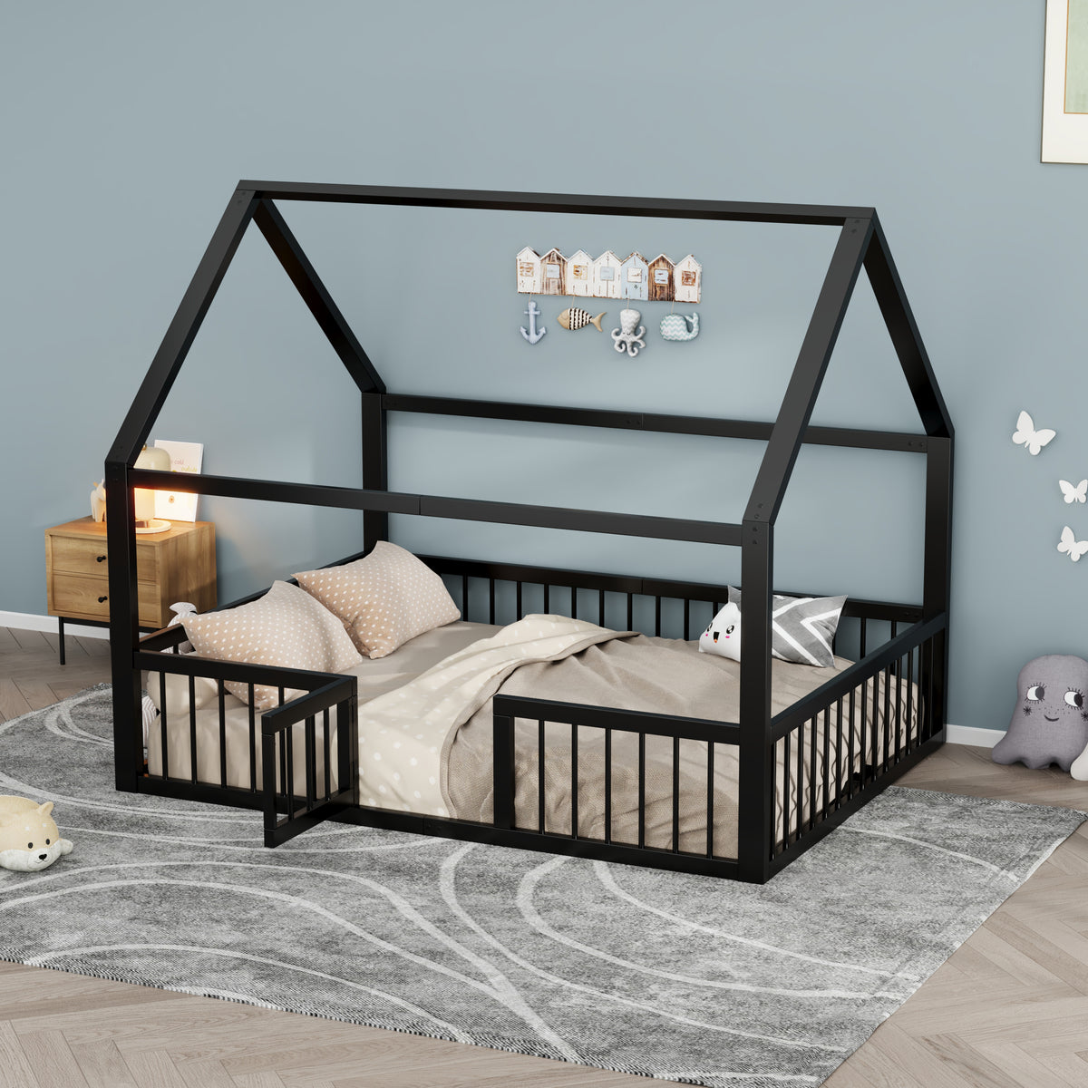 Metal Bed Frame 140x200 cm with House Trim & Railing, Black
