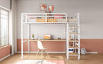 Metal Loft Bed with Safety Ladder, Table & Shelves, White