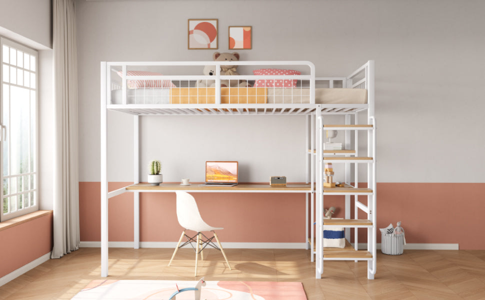 Metal Loft Bed with Safety Ladder, Table & Shelves, White