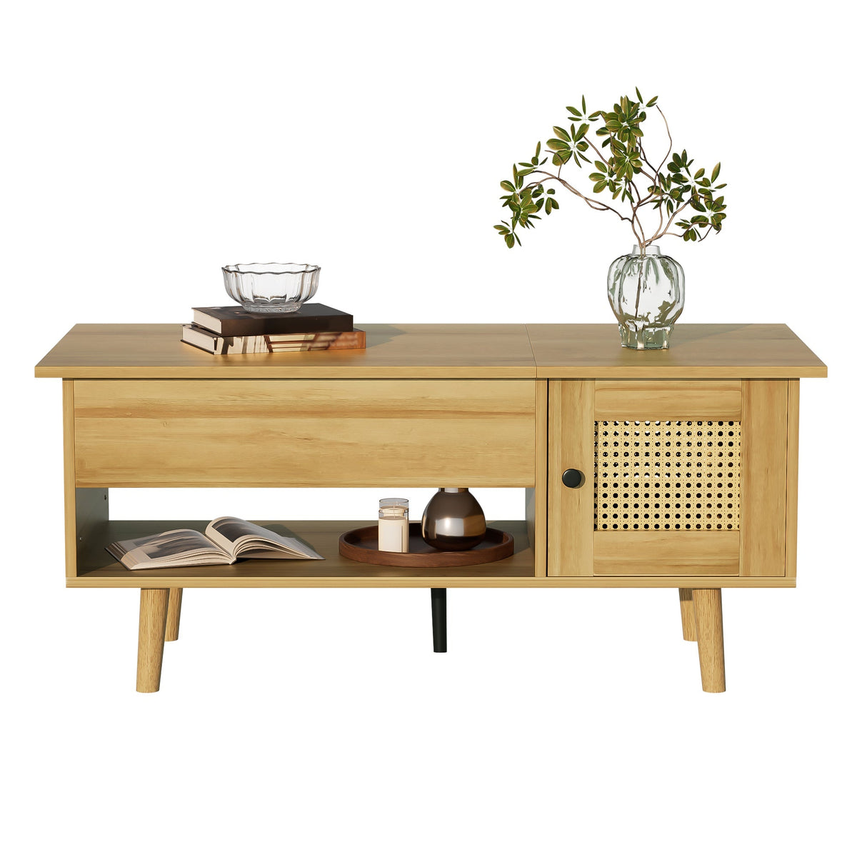 Coffee Table Lift-Up Top Rattan Doors Storage Wood/Black