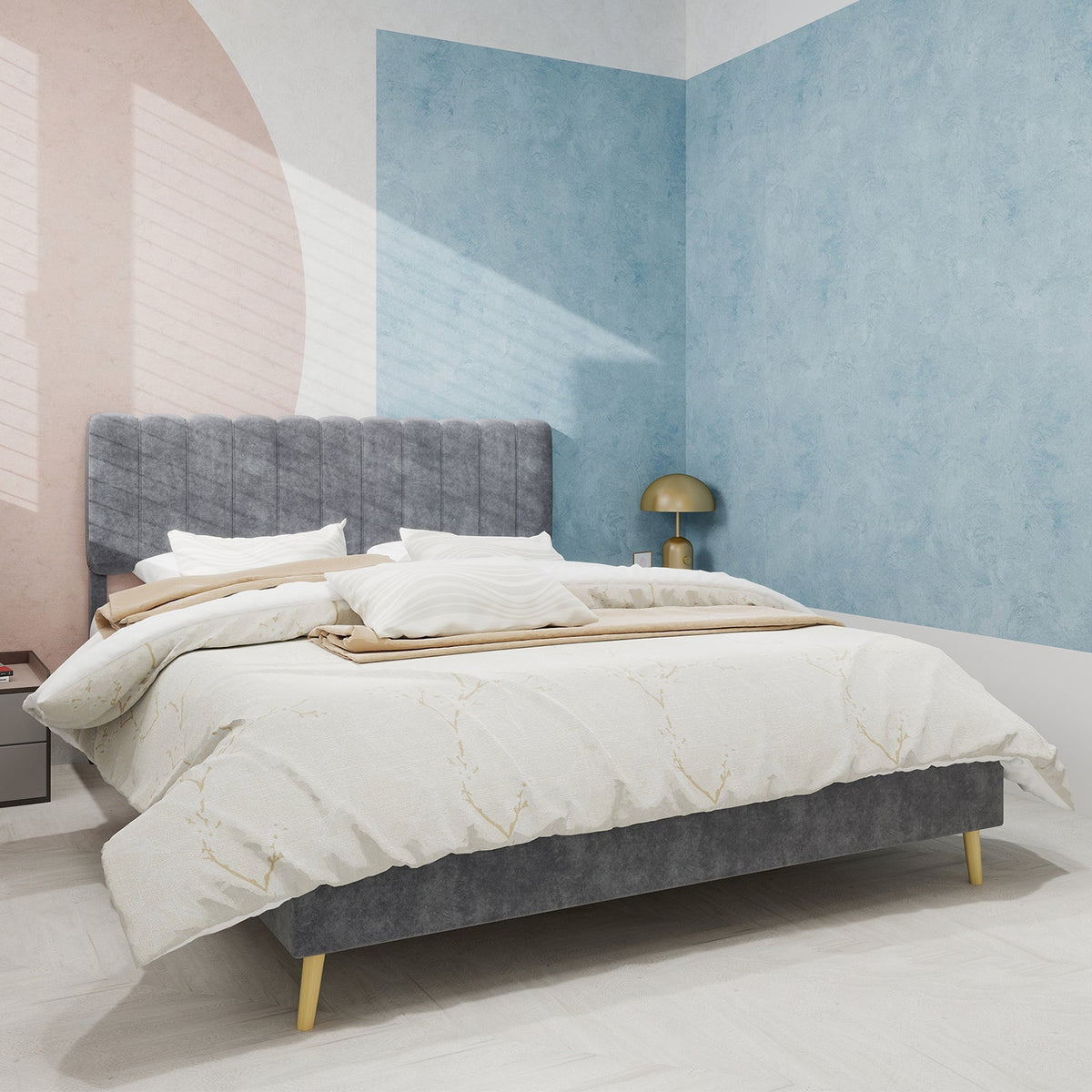 Upholstered Bed, Modern Minimalist Soft Headboard, 140x200cm Grey