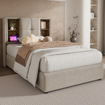Single Bed, 90x200cm Upholstered with Wireless USB-C Charging, Storage & Wood Slats, Natural Linen