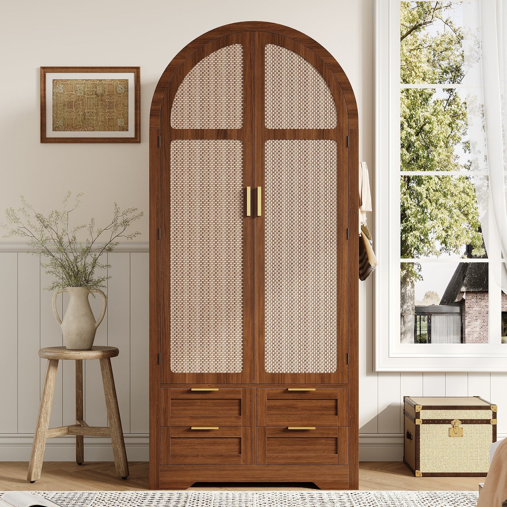 Modern Wardrobe with Curved Doors, Clothes Rail and Drawers, Walnut MDF