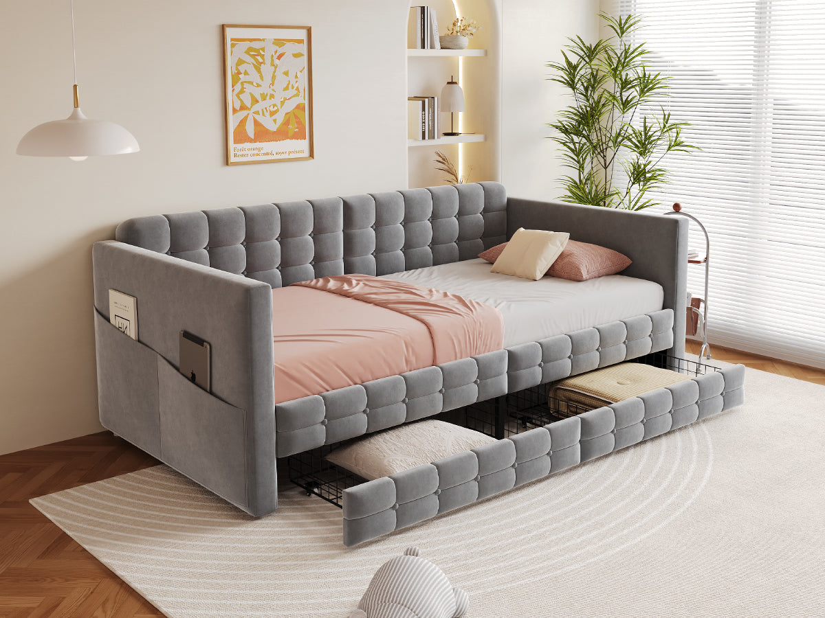 Upholstered Sofa Bed 90x190 with Side Storage and Drawers, Grey Velvet