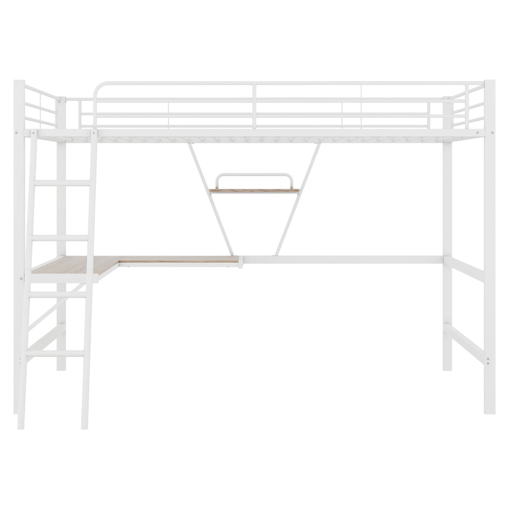 Loft Bed with L-Shaped Desk and Shelf, 90x200cm Metal Frame, White