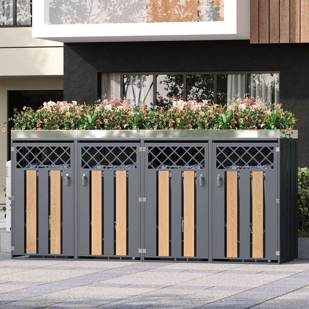 Garbage Can Enclosure with Diamond Ventilation Holes, Lockable Four Doors and Planting Area, Metal