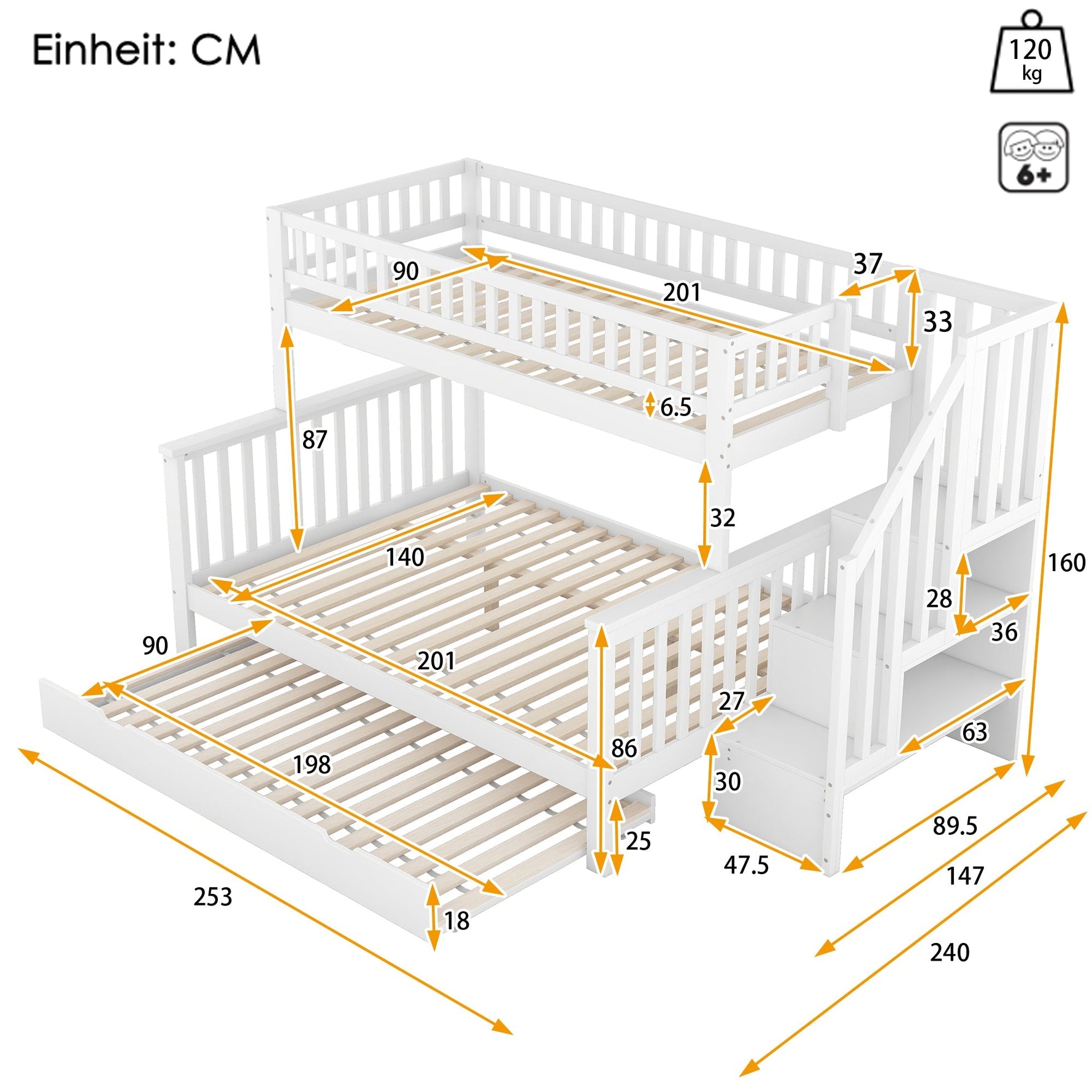Bunk Bed with Rolling Container, Slatted Base and Storage Stairs, White Pine Wood