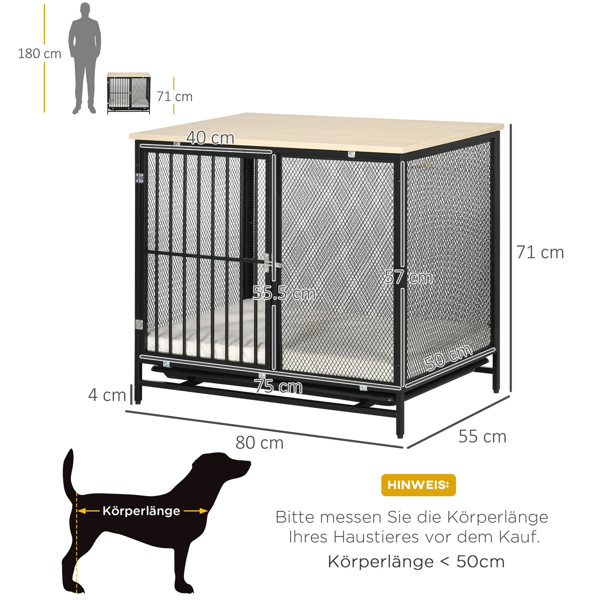 Dog Cage, Kennel with Cushion & Tray, Oak+Black