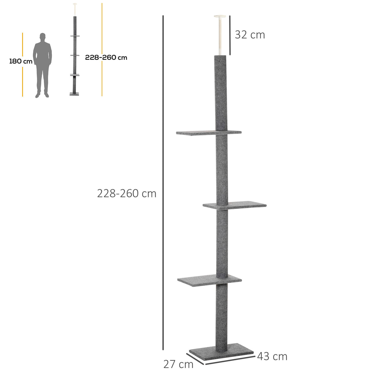Cat Tree, Height-Adjustable Ceiling-High Climbing, Gray