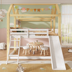 Children's House Loft Bed 90x200cm with Slide, White & Natural Wood