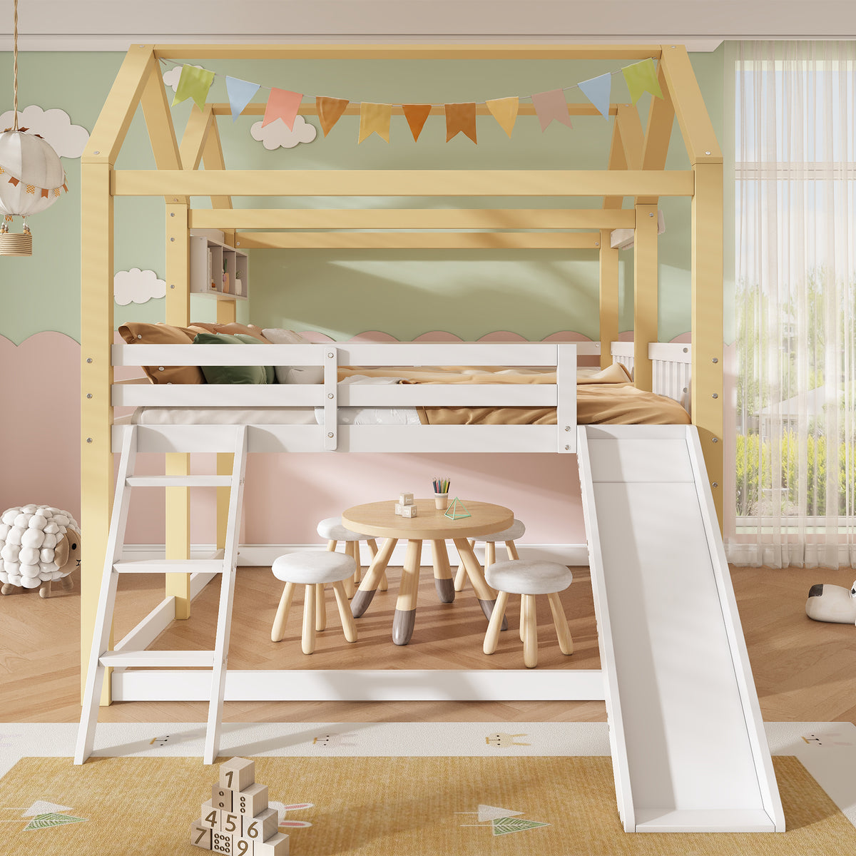 Children's House Loft Bed 90x200cm with Slide, White & Natural Wood