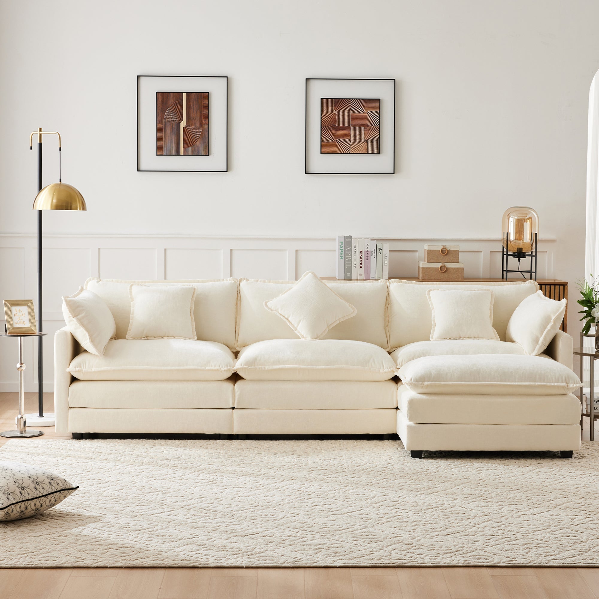 L-Shaped Corner Sofa 3-Seater Upholstered with Footrest, Modern Chenille Fabric
