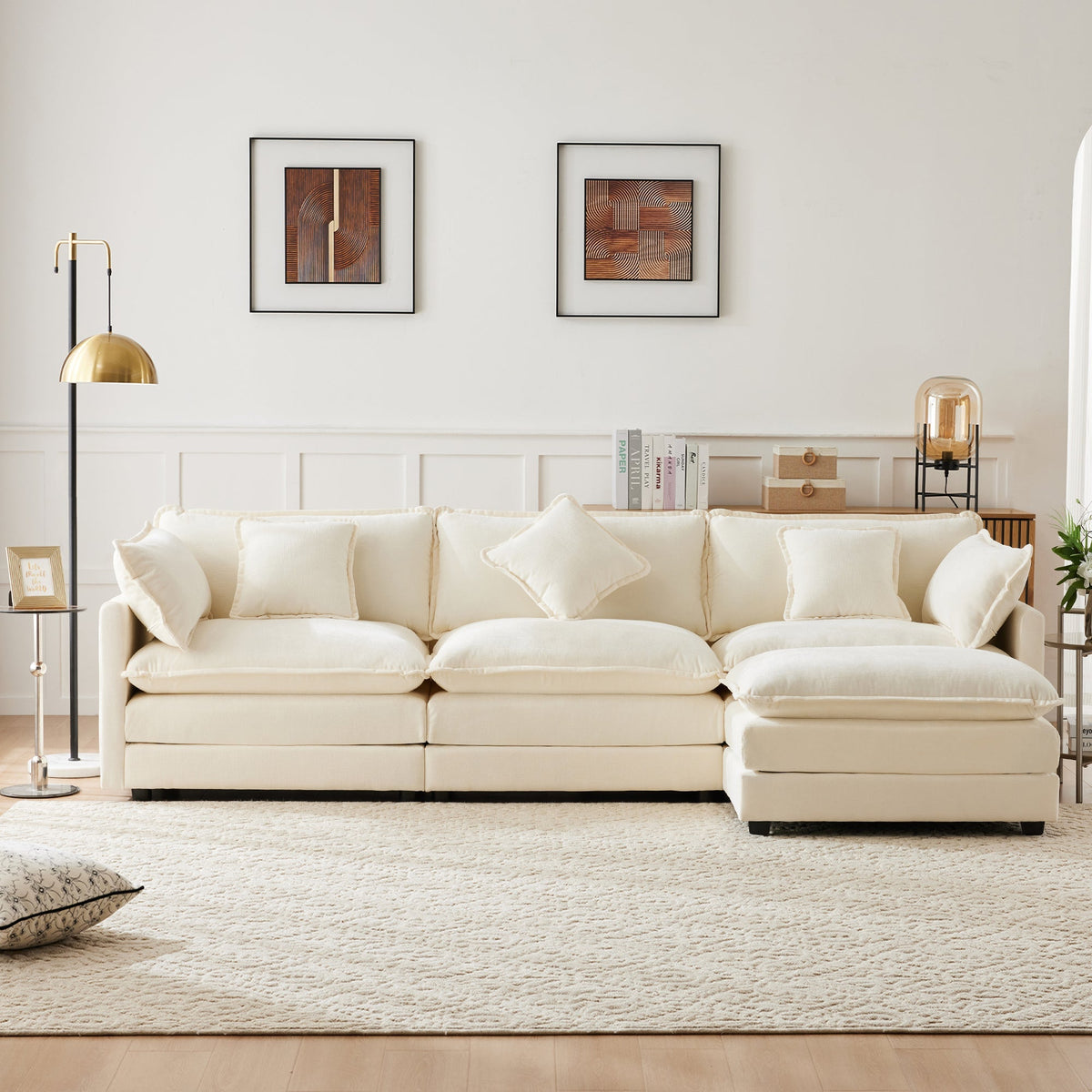 L-Shaped Corner Sofa 3-Seater Upholstered with Footrest, Modern Chenille Fabric
