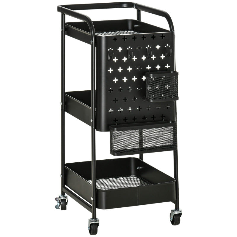 Kitchen Trolley with Perforated Board & Towel Holder, Storage Baskets, Black