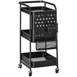 Kitchen Trolley with Perforated Board & Towel Holder, Storage Baskets, Black