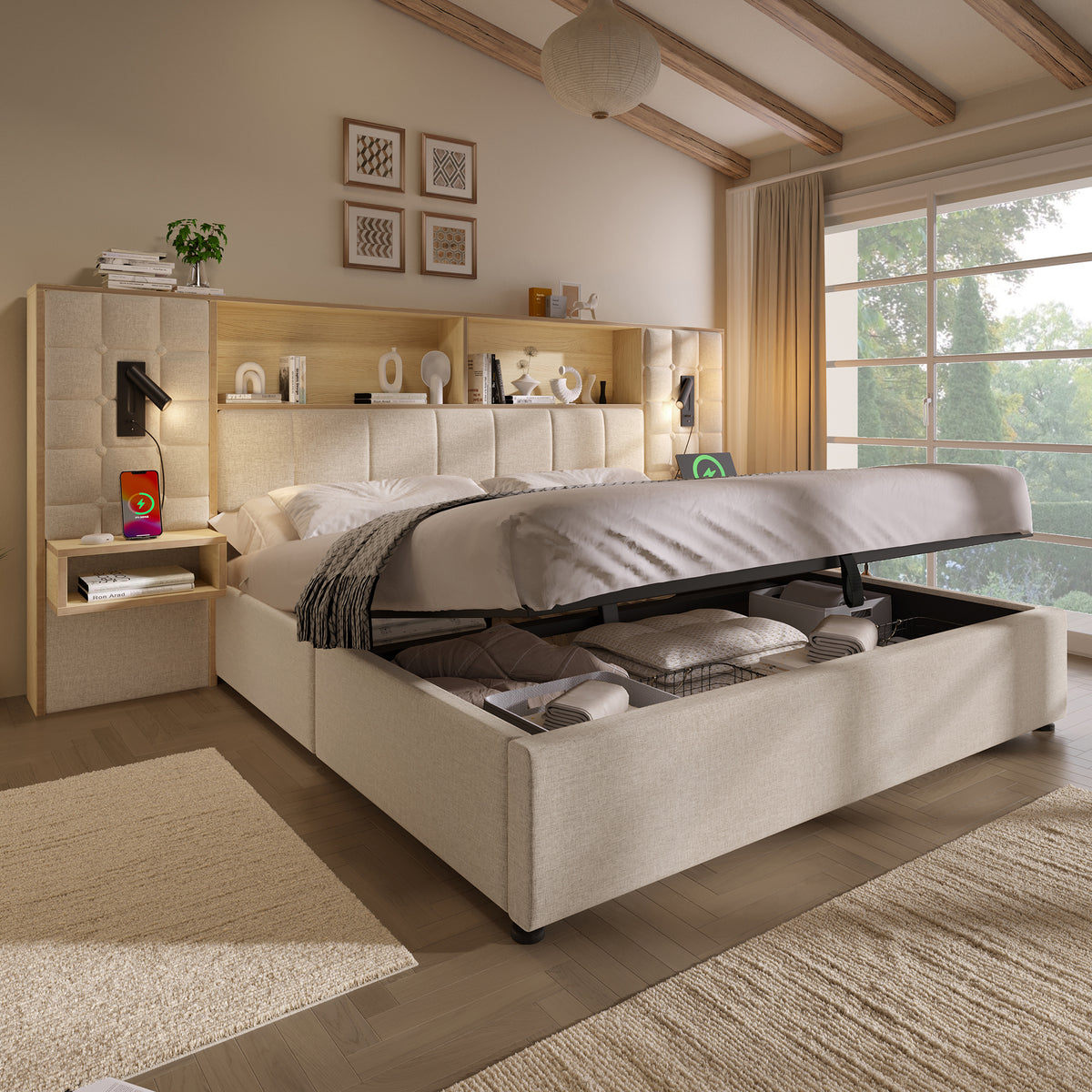 Upholstered Bed 180x200 with Storage, LED & USB, Beige Linen Fabric