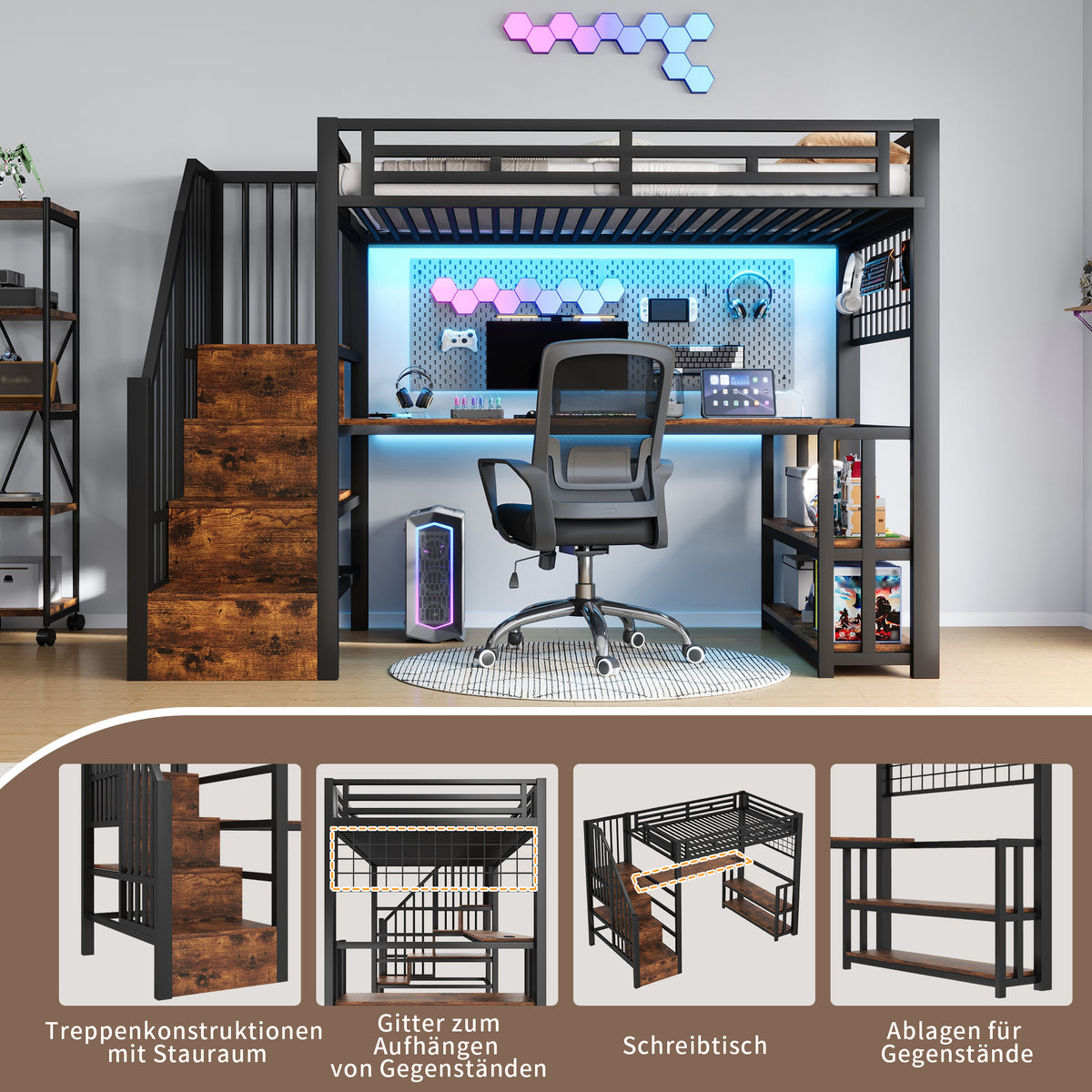 Loft Bed 90x200cm with Desk, LED & Storage, Black Metal