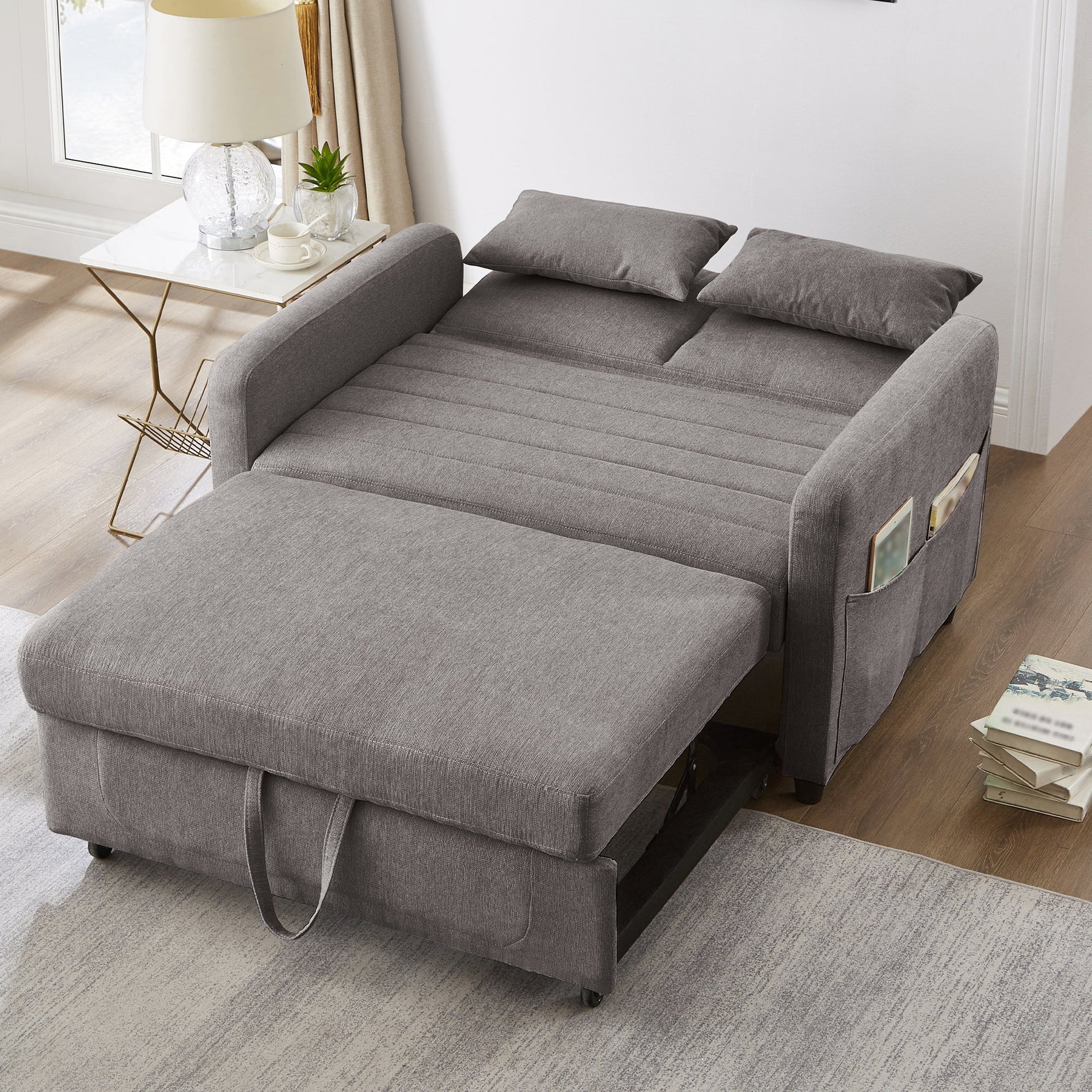Two-Seater Sofa Bed with Adjustable Backrest and Pull-Out Design, Cotton-Linen Fabric