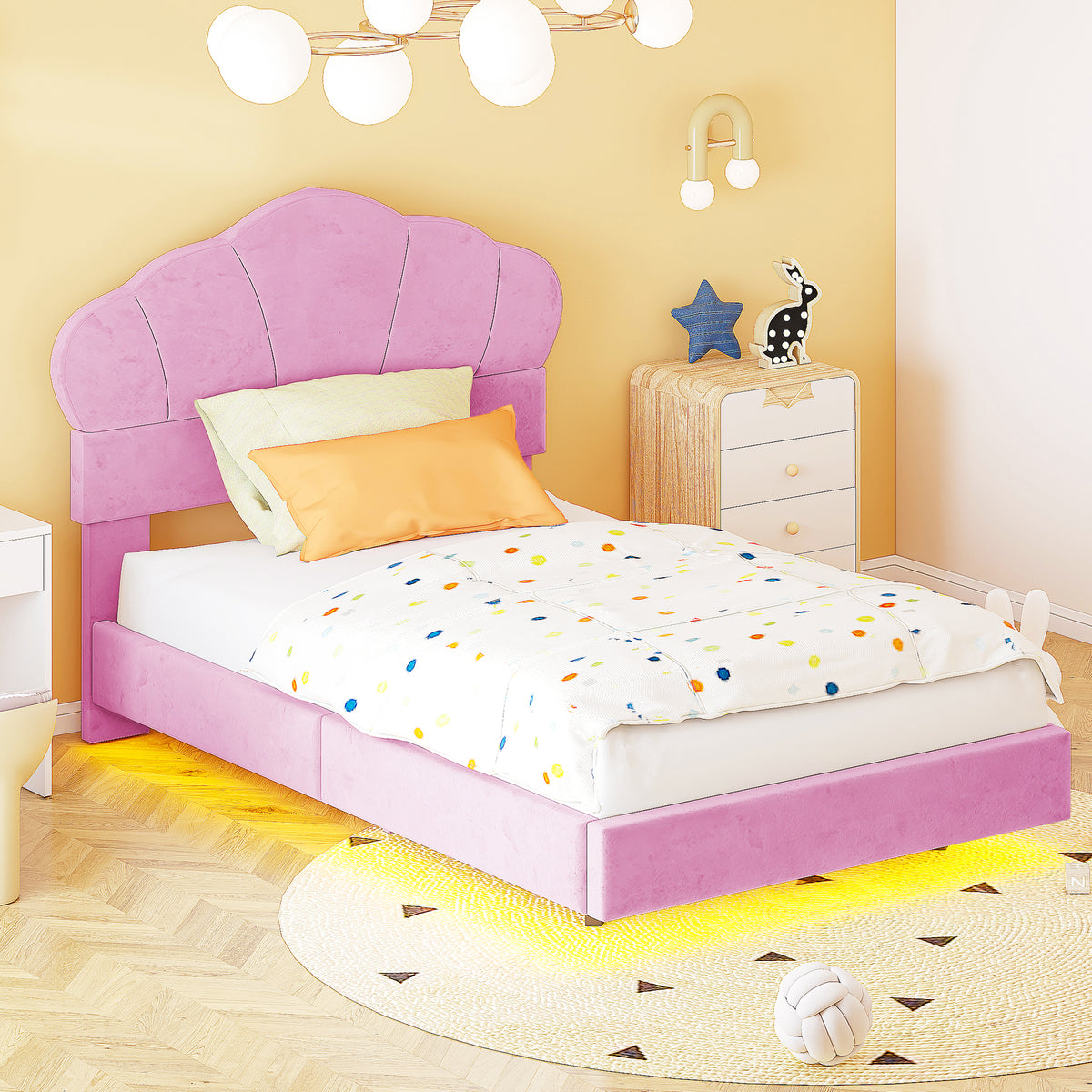 Upholstered Bed 90x200cm, Cloud Headboard & LED, Pink Velvet