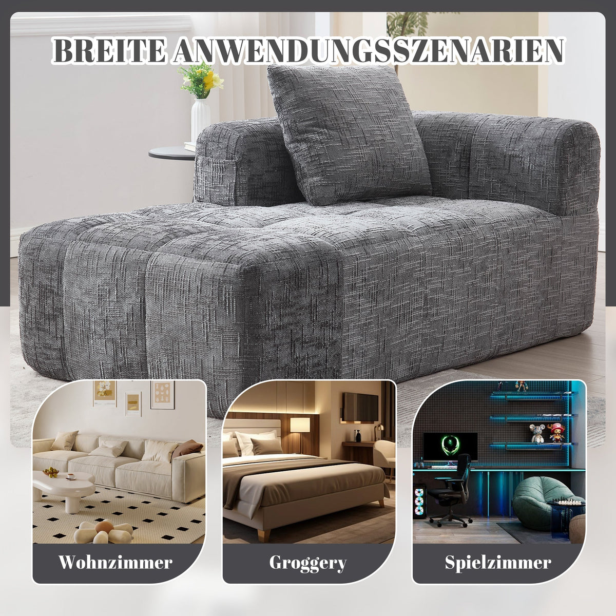 Chaise Longue Sofa, No Assembly Soft Cushions Side Pockets - Grey
