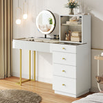 Dressing Table Set with LED Mirror and Glass Top, White