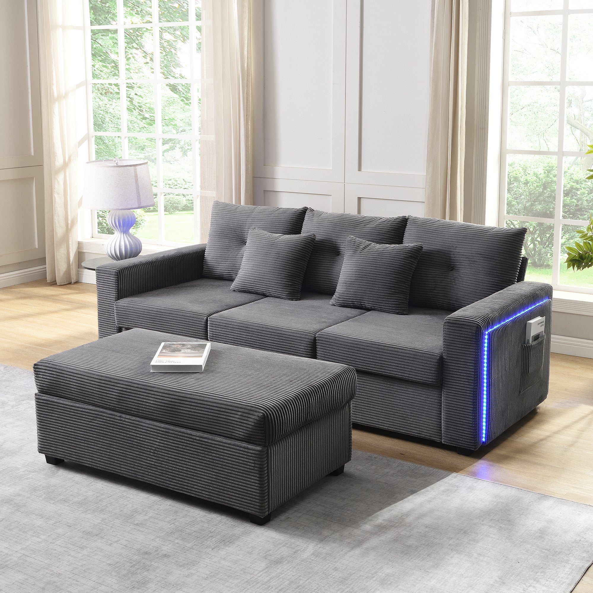 Sofa, 5-Cushion Supreme Set LED 3-Seater with Ottoman, Modular L-Shaped