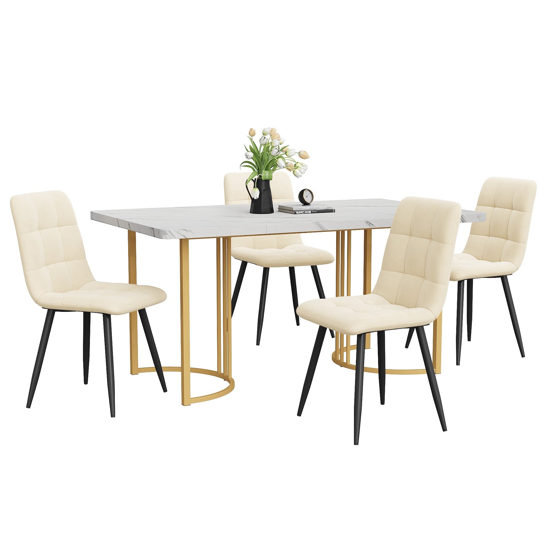 5-Piece Dining Set 140x80cm Modern Kitchen Table White MDF Beige Velvet