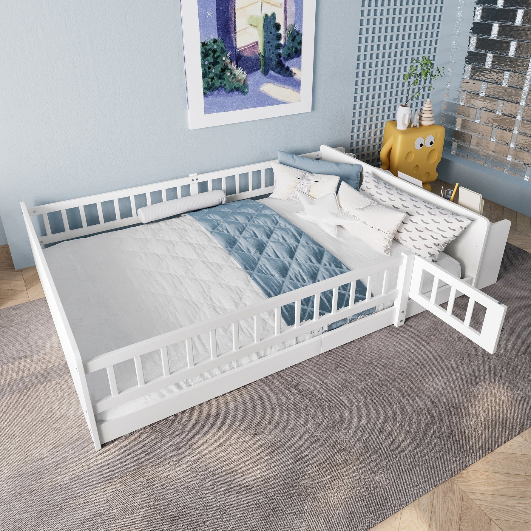 Children's Wooden Bed 140x190cm Open Storage Shelves Opening Case - Pine White