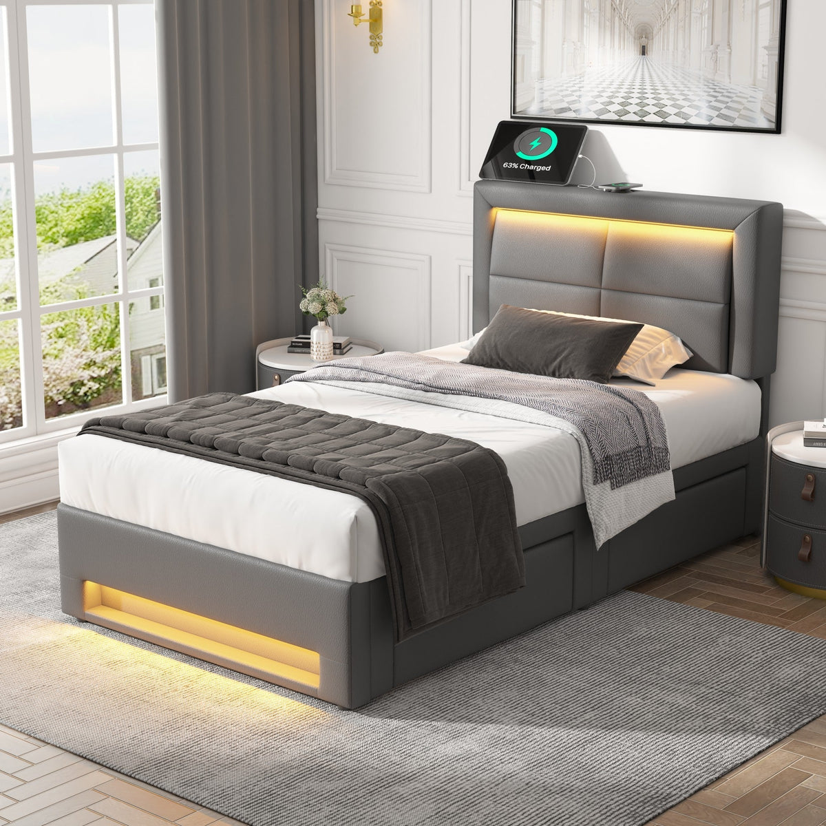 Upholstered Bed 90x200cm USB/Wireless Charging LED Lights 4 Drawers PU Lychee Pattern Grey