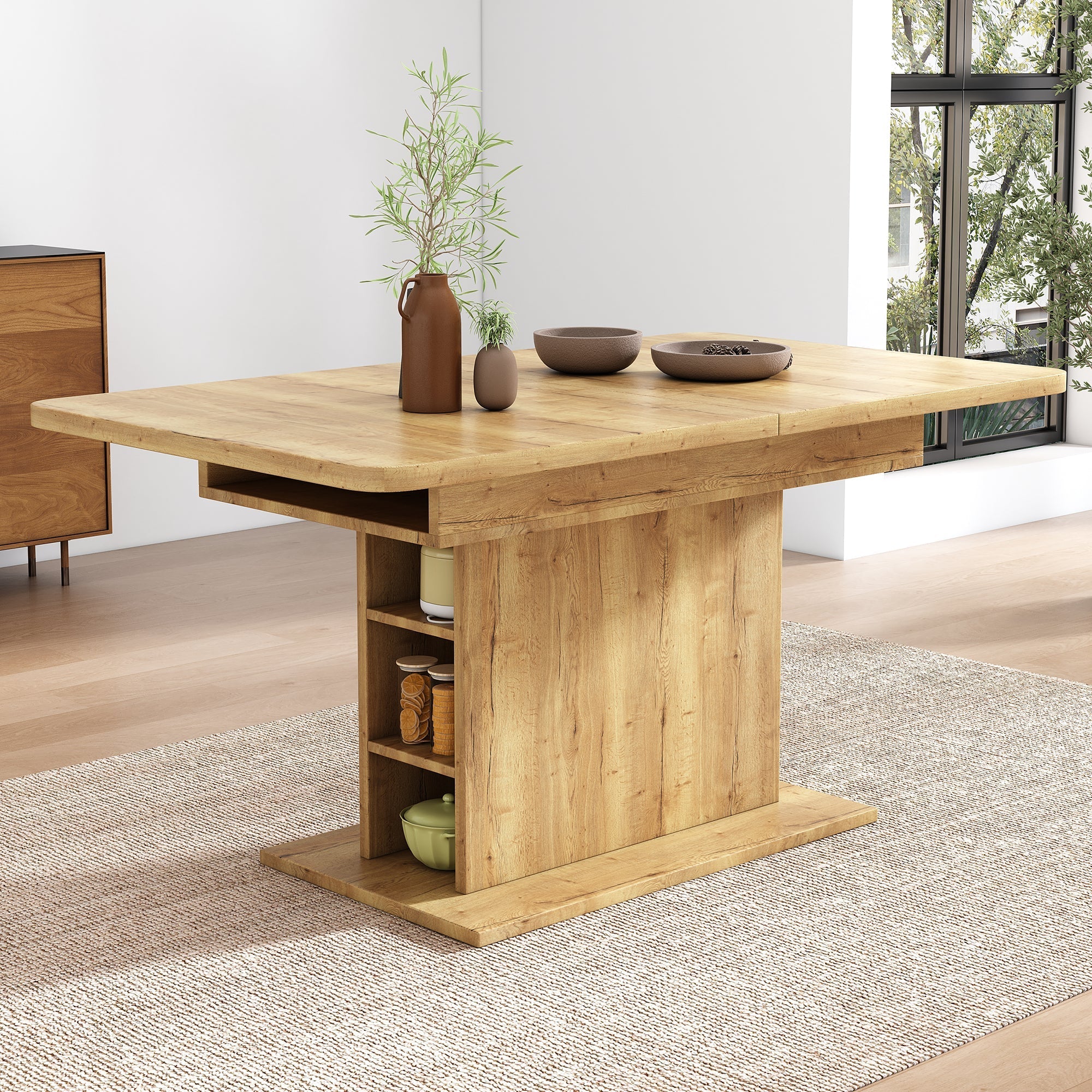 Extendable Dining Table Rectangular L110/130xW70xH75 with Storage Space-Saving Iron Frame - Natural
