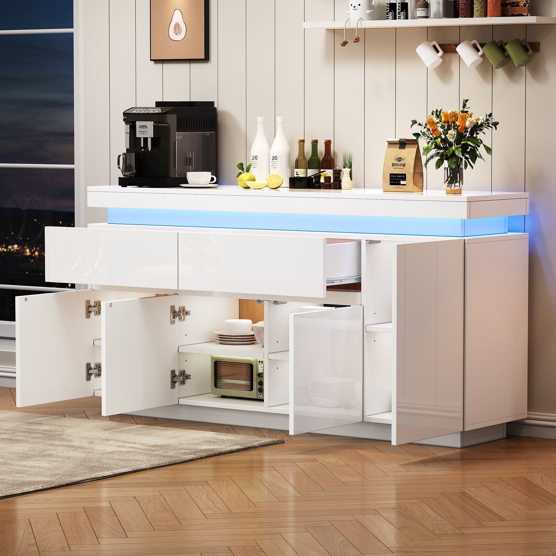 Sideboard 140x35x72.5cm High-Gloss LED 2 Drawers 4 Doors - White