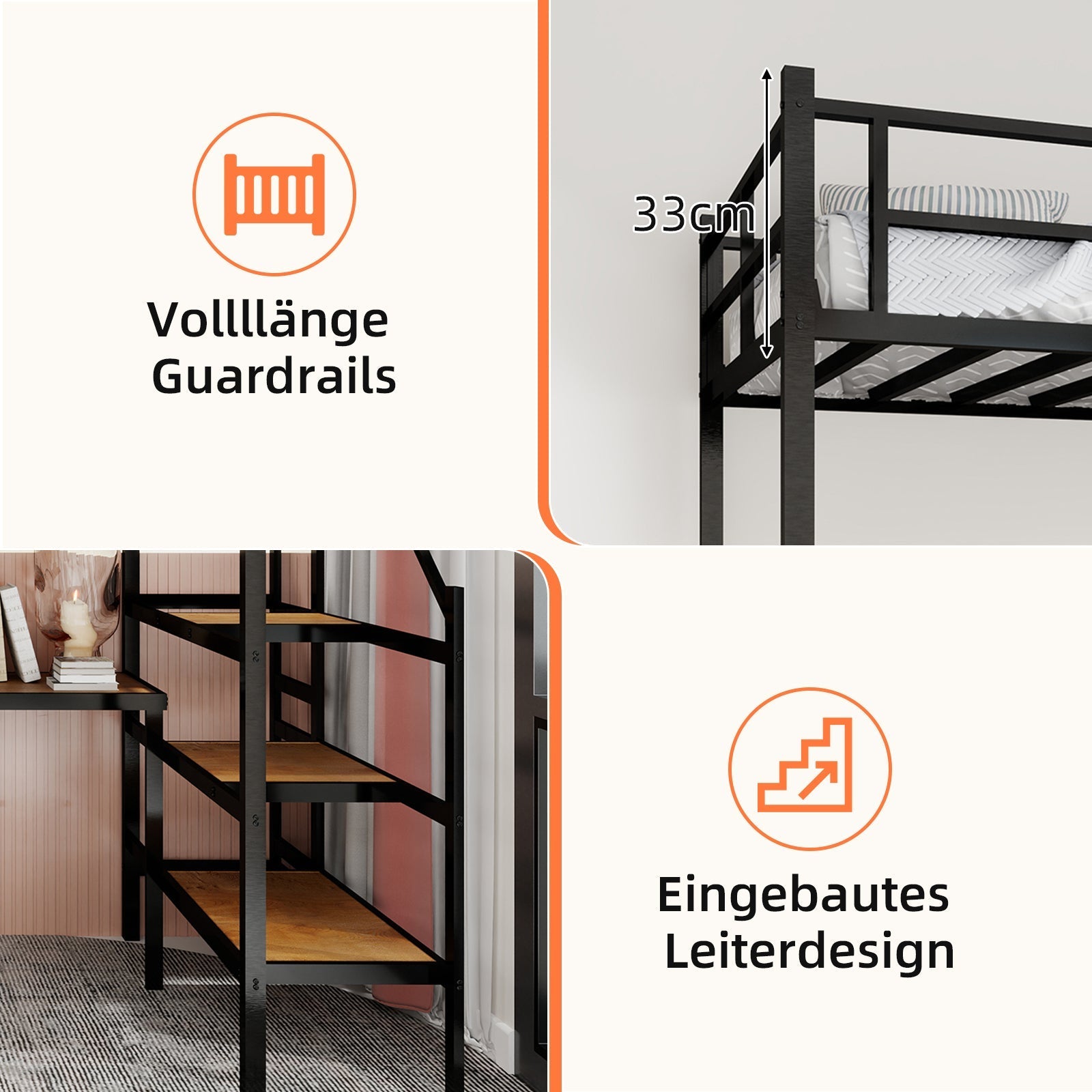 Loft Bed with L-shaped Desk, Storage & Stairs, Sturdy Metal