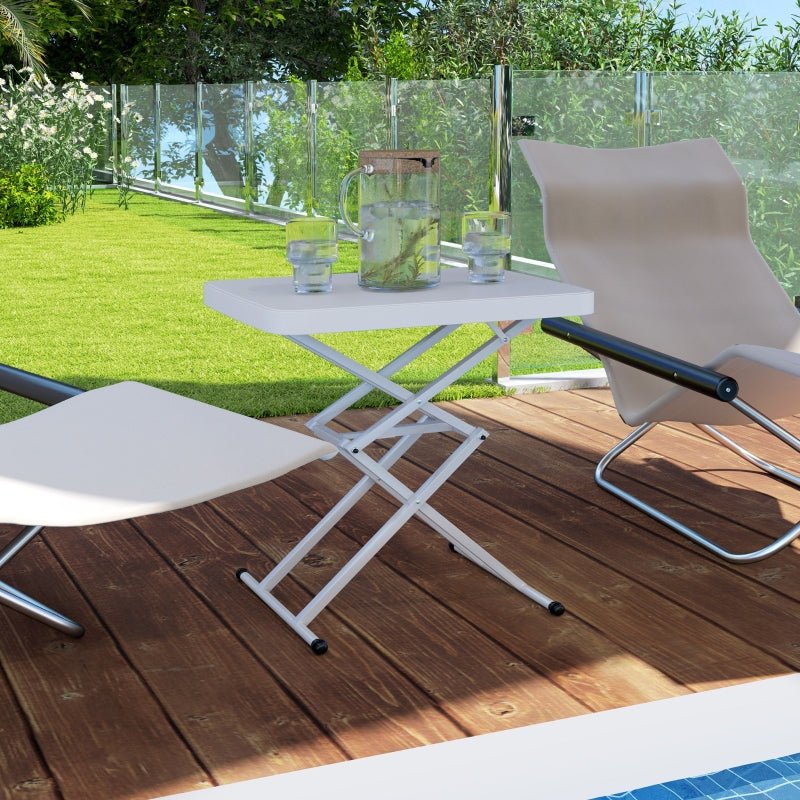 Side Table, Height Adjustable, Foldable, Outdoor Indoor, White Plastic