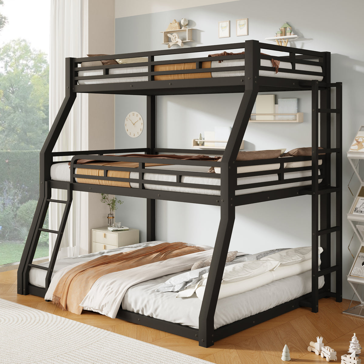 Triple Bunk Bed Frame 90x200/120x200/140x200cm, Black Metal