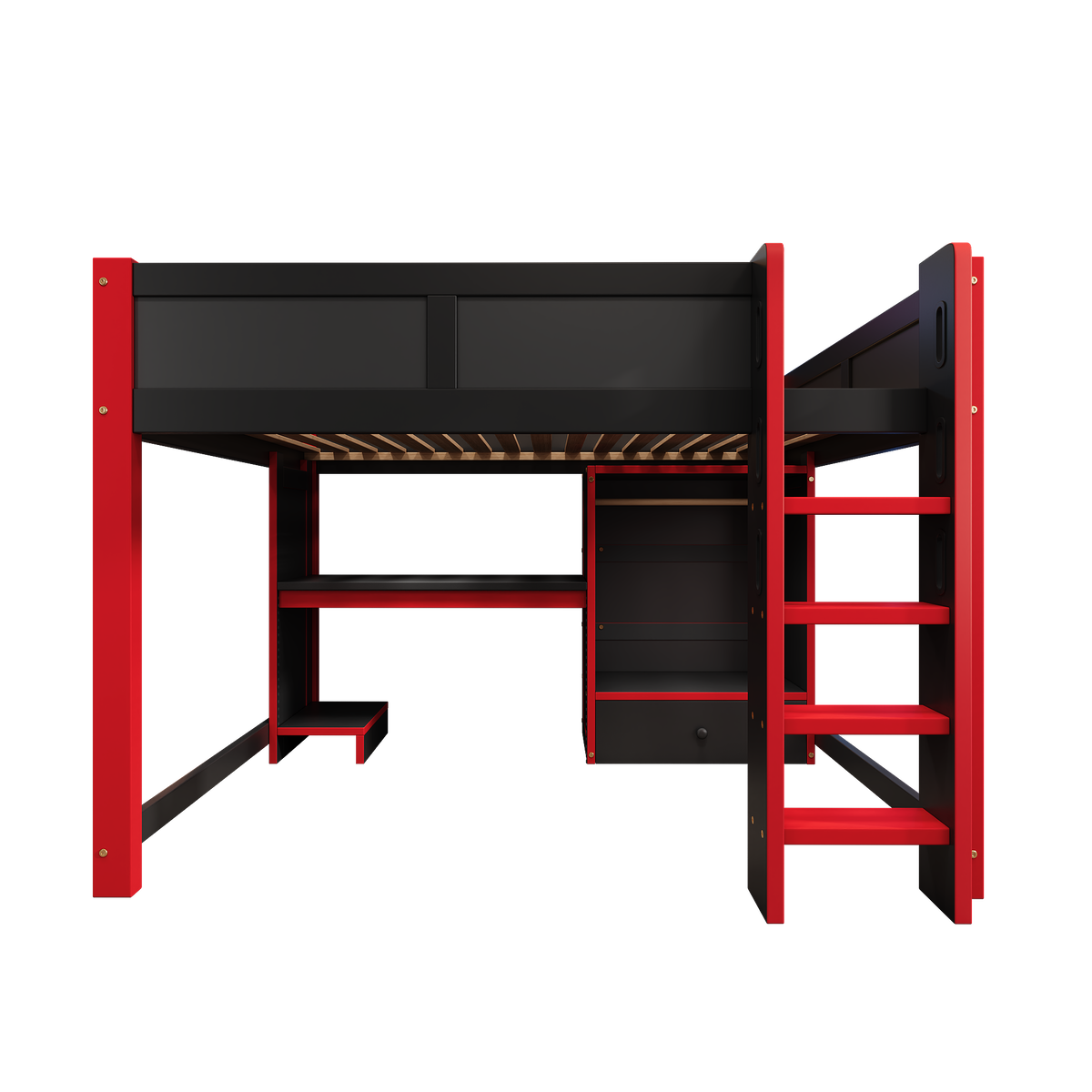 Gaming Loft Bed 140x200cm with Desk & LED, Black + Red